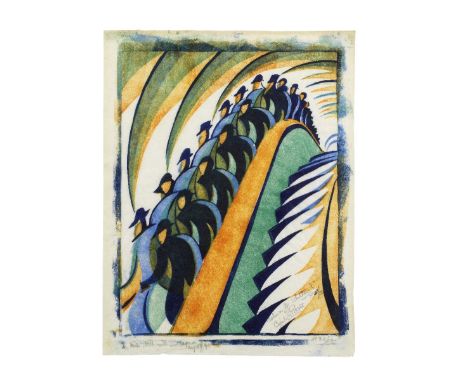 Cyril Edward Power (British, 1872-1951)Whence &amp; Whither? (Coppel  CEP 14) Linocut printed in Chinese orange, viridian, pe