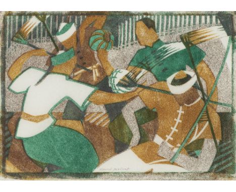 Lill Tschudi (Swiss, 1911-2004)Chinese Jugglers (Coppel  LT 36) Linocut printed in viridian, yellow ochre, and light brownish