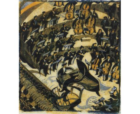 Cyril Edward Power (British, 1872-1951)The Concerto (Coppel  CEP 43) Linocut printed in light yellow, orange, light blue, dar