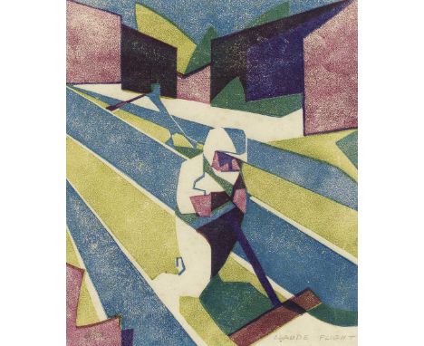 Claude Flight (British, 1881-1955)Lawn Mowing  (Coppel CF 39) Linocut printed in cobalt blue, olive green, and light purple, 