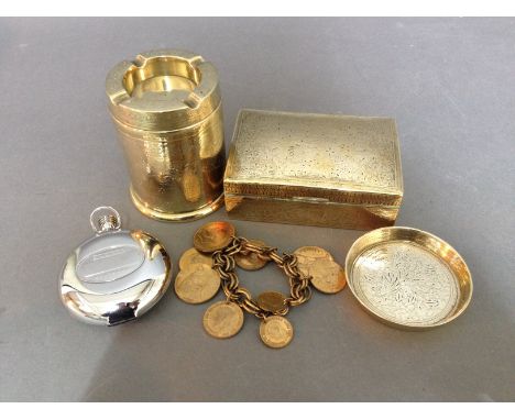 A brass engraved cigarette tub with ashtray top together with an engraved brass box, a small brass dish and a Dalvey Scotland