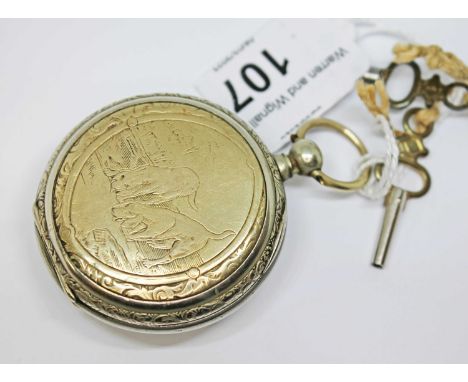 A Continental enamel dial pocket watch, the case back etched with dogs, diameter 47mm, with keys. 