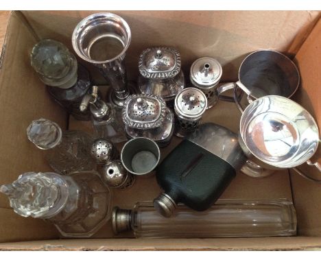 A selection of silver plated items and cut glass to include pepper and salt pots, kiddish cup, measuring cup, a vanity jar, f