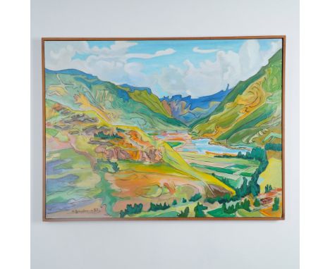 Vibrant acrylic on canvas landscape painting by Marius Sznajderman, titled Valley of the Incas, depicting the breathtaking sc