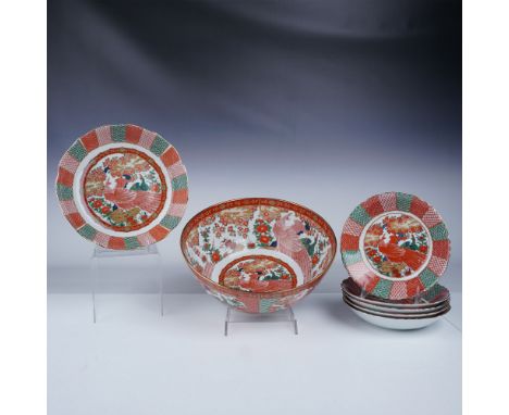 Exquisite Arita Imari porcelain set featuring one large bowl with floral motifs and a flat rim, one medium bowl with a wavy r