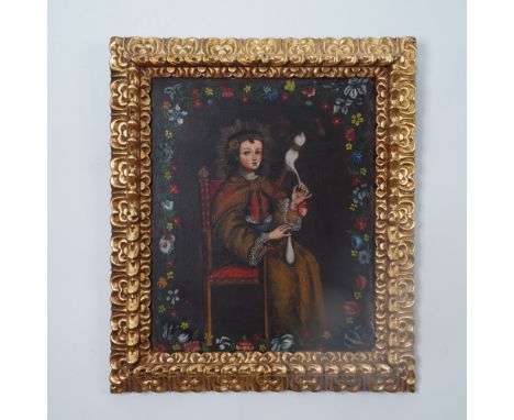 This antique Spanish Colonial oil painting depicts Saint Catherine of Alexandria, seated in an ornate chair, elegantly dresse