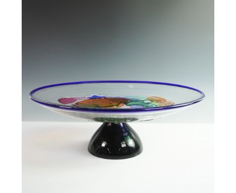 A stunning Formia Murano art glass pedestal bowl, handcrafted in Italy with a striking multicolored abstract design. This exq