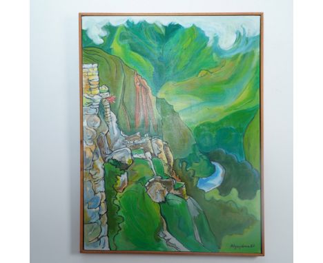 Vibrant acrylic painting on canvas by Marius Sznajderman titled Machu Picchu Wall, dated 1983. The composition presents a sty