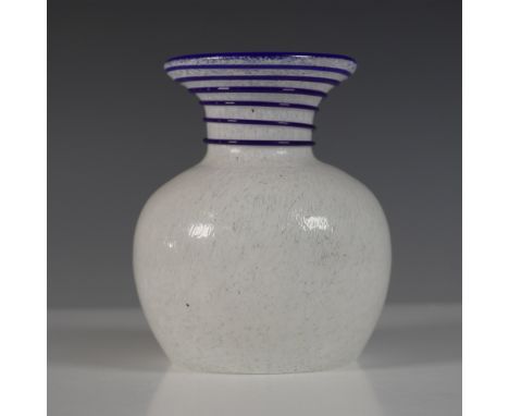 Elegant art glass vase featuring a white crackle-textured body accented with cobalt blue threading along the flared rim and n