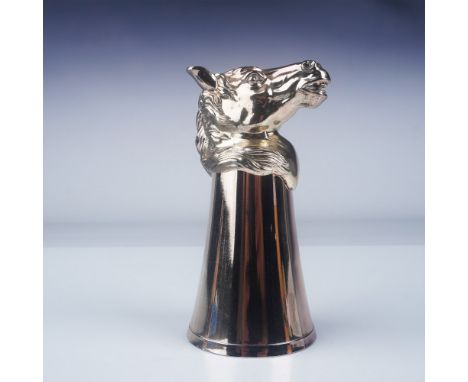 This striking silver-plated stirrup cup features a detailed horse head design as its base, blending functionality with artist