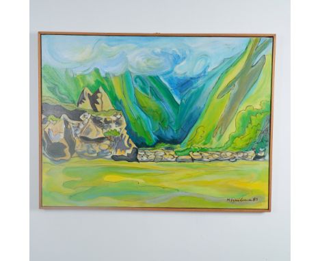 Expressively capturing the mystique of the famed Incan ruins, this 1983 acrylic painting by Marius Sznajderman, titled Machu 