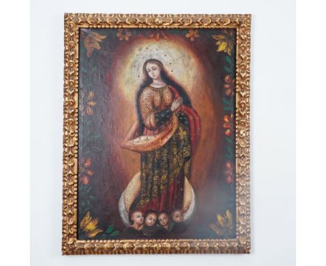This antique Spanish Colonial oil painting on canvas depicts a Madonna and Child surrounded by cherubic figures, rendered in 