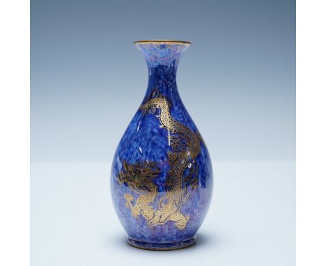 This Wedgwood Fairyland Dragon Lustre bud vase showcases a vibrant mottled blue glaze with intricate gilded dragon and Orient