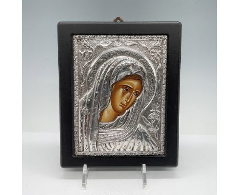 An exquisite Greek Orthodox icon of the Virgin Mary in mourning, made of 950 proof silver on a carefully selected timber fram
