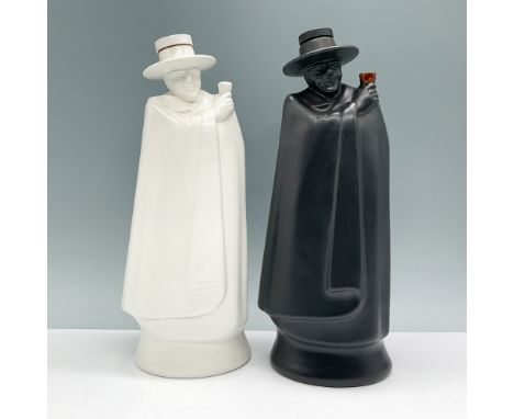 Set of two Wedgwood decanters featuring distinctive designs and craftsmanship. Both depict cloaked figures raising a toast an
