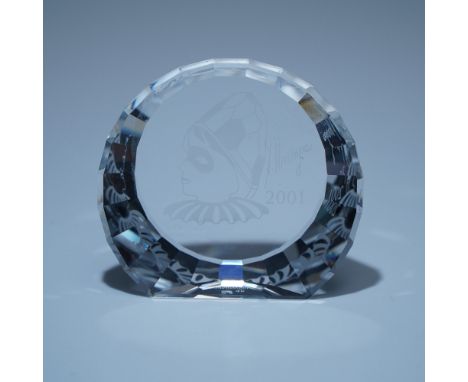 Swarovski Harlequin paperweight from the 2001 Annual Edition, featuring an intricately etched harlequin mask design by Hirzin