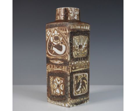 A Royal Copenhagen Baca Faience square-form vase, designed by Nils Thorsson. This mid-century Danish ceramic piece boasts int