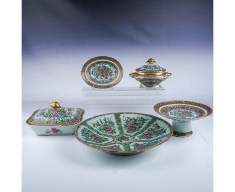 This elegant 5-piece Rose Medallion China set features vibrant floral and bird motifs with intricate gold accents, reflecting