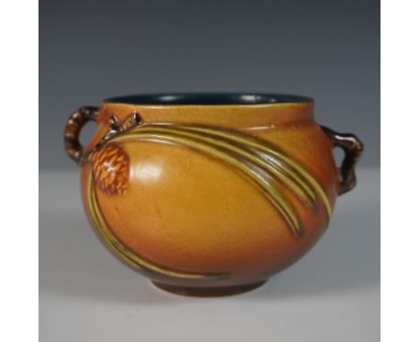 Roseville Pottery Pine Cone bowl, model 632-3", featuring a classic brown glaze with raised pine cone and needle motifs and b