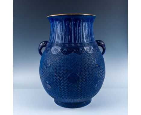 A magnificent 20-inch ceramic vase in a deep cobalt blue finish, featuring intricate Chinese patterns, including basket-weave