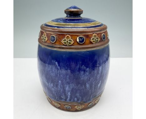 Royal Doulton stoneware covered jar, model 8678, featuring a rich cobalt blue glaze with brown accents and decorative motifs.
