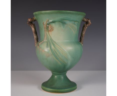 A striking Roseville Pottery Pine Cone vase, model 908-8, in a rich green glaze. This highly collectible Art Deco-inspired pi