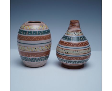 A beautifully crafted pair of ceramic vases by Michael Andersen &amp; Sons, featuring intricate wax-resist geometric designs 
