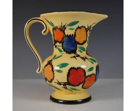 Striking Ditmar Urbach Art Deco ceramic pitcher, featuring a bold hand-painted floral motif in vibrant shades of red, orange,