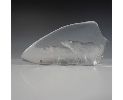 Mats Jonasson full lead crystal sculpture depicting two polar bears in a naturalistic ice-like landscape. This Swedish-made a