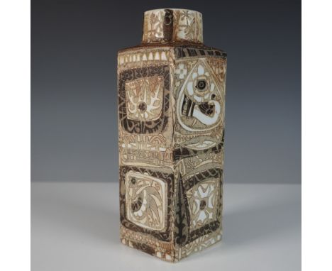 A Royal Copenhagen Baca Faience square-form vase by Nils Thorsson. This mid-century Danish ceramic showcases intricate sgraff