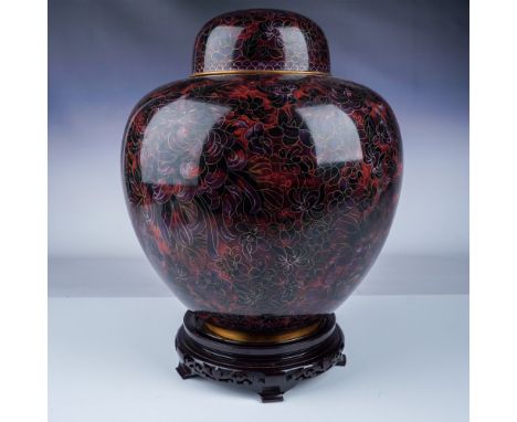 Exquisite cloisonne lidded vase showcasing a striking design in shades of purple, red, and black with intricate gilded lines.