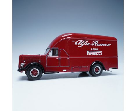 This 1:43 scale die-cast model replicates the iconic Alfa Romeo van used for Pirelli tire transport. Featuring detailed const