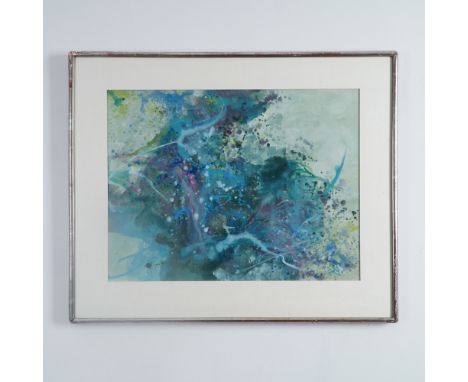 This original abstract watercolor painting by artist Rosenthal features a dynamic and fluid composition in shades of blue, gr