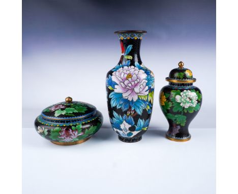 A 3-piece cloisonne collection featuring intricate floral and butterfly motifs against a black enamel background. The set inc