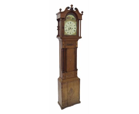 Oak and mahogany eight day longcase clock, the 12" painted arched dial signed George Honneybourne, Fairford, the case with sh