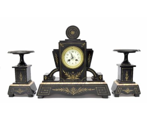 French black slate and coloured marble two train mantel clock garniture striking on a bell, within an unusual architectural s
