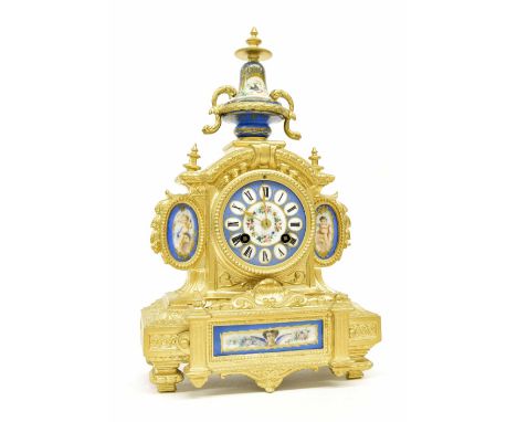 French porcelain and gilt metal two train mantel clock, the movement bearing the maker's trademark logo (G.F within an oval),