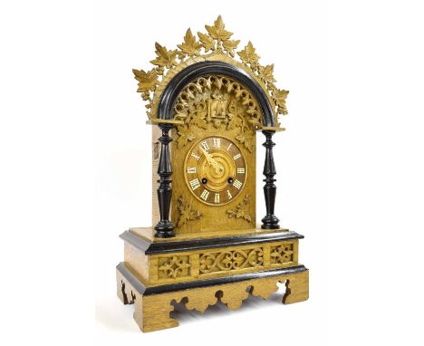 Black Forest pine, oak and ebonised single fusee two train cuckoo mantel clock, the 5.75" dial within a rounded arched steppe