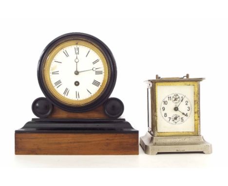 French walnut and ebonised drumhead mantel clock timepiece, 9.5" high (pendulum and key); also a Junghans metal cased mantel 