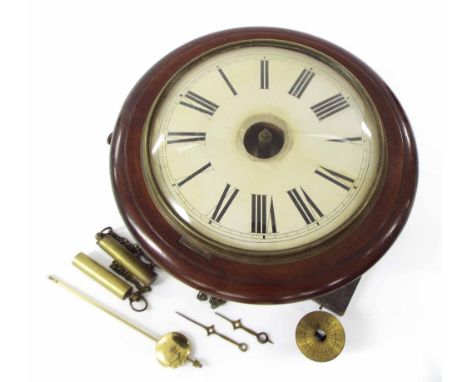 German postman's alarm 9" wall dial clock within a turned wooden surround (pendulum, two weights, alarm dial and two hands to