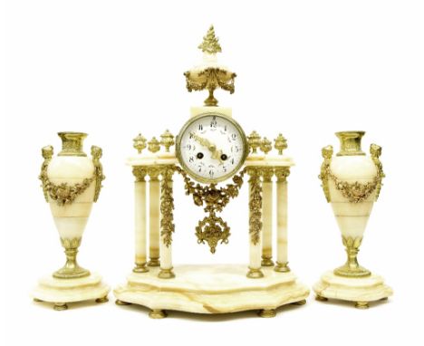 French cream onyx and gilt metal mounted two train drumhead mantel clock garniture, the Japy movement with outside countwheel