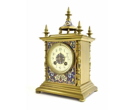 French brass and cloisonne two train mantel clock, the S. Marti movement striking on a gong, the 3" cream chapter ring enclos