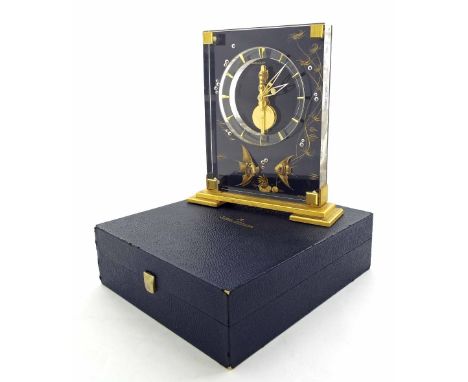 Jaeger LeCoultre Marina 8 day desk clock, model 352, with Perspex and brass case decorated with angelfish, visible 16 jewel m