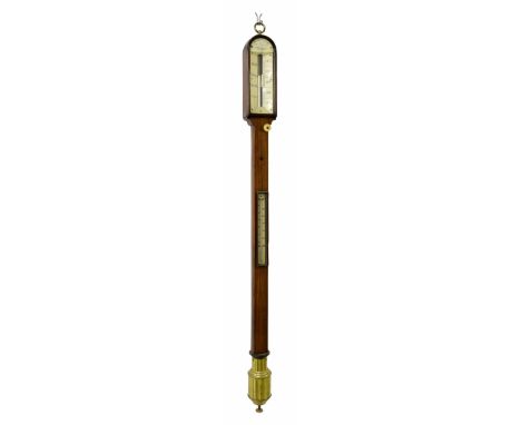 Mahogany stick barometer/thermometer, signed Mrs Janet Taylor, 104, Minories, London, over an angled scale, the square trunk 