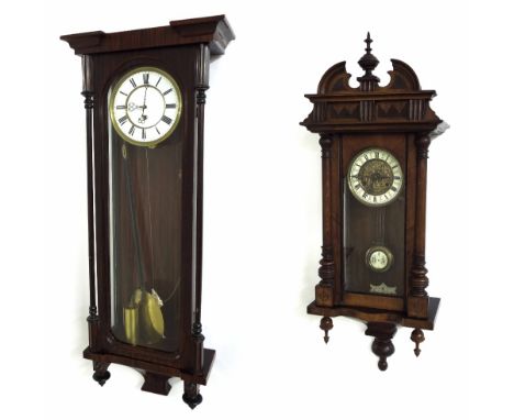 Vienna single weight regulator wall clock, the 6.25" white dial within a faux rosewood pillared glazed case, 38" high (pendul