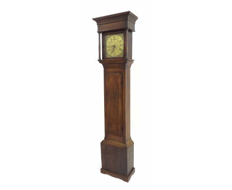 Oak thirty hour longcase clock, the 11" square brass dial signed Rd Boyfield, Gt Dalby to the foliate engraved centre with ca