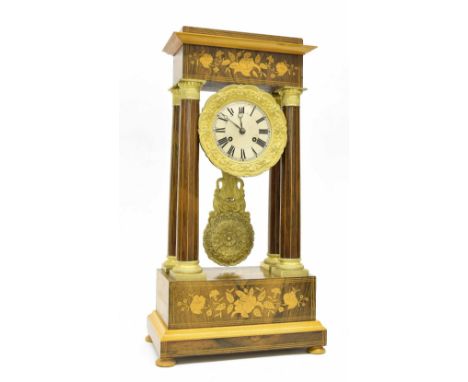 French rosewood inlaid portico two train mantel clock, the movement with outside countwheel striking on a bell, the 4" silver