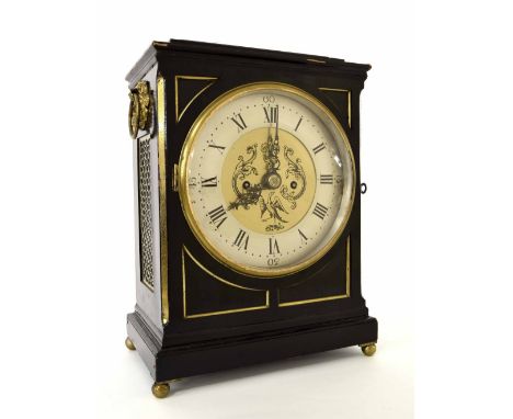 Ebonised double fusee bracket clock, the 7.5" later dial within a panelled stepped case surmounted by a caddy top, 15.5" high