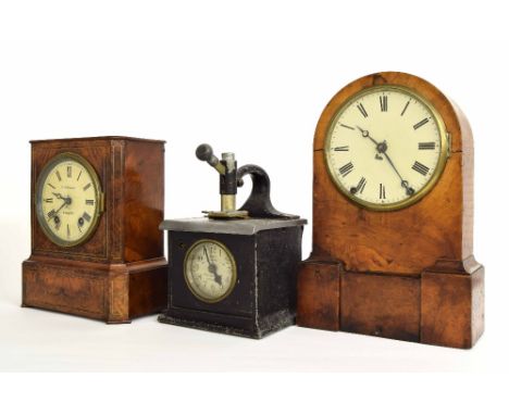 American walnut two train shelf clock, the 6.25" cream dial within a rounded arched stepped case, 15" high (pendulum); also a