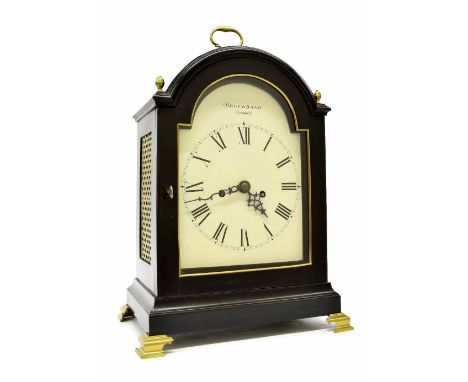 English ebonised double fusee bracket clock, the 7" cream arched dial signed Brockbank, Cornhill, within a stepped case with 